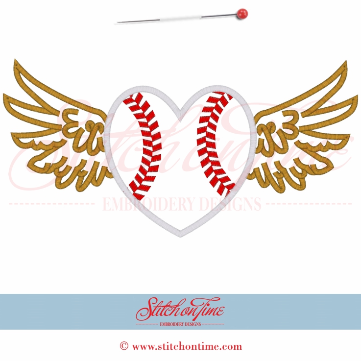 158 Baseball : Winged Heart Baseball Applique 6x10