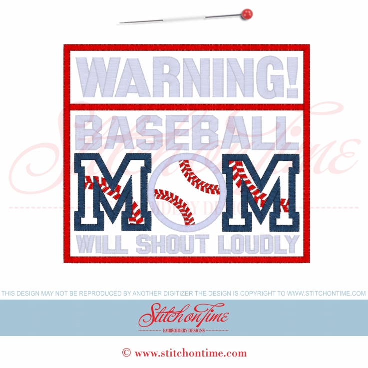 187 Baseball : Warning Baseball Mom Applique 6x10