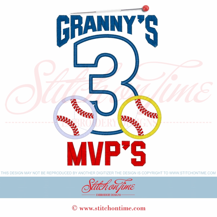 188 Baseball : Granny's 3 MVP'S Applique 6x10