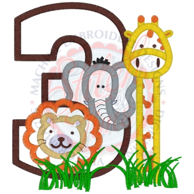 Birthday (166) 3 Lion Elephant Giraffe Applique 5x7