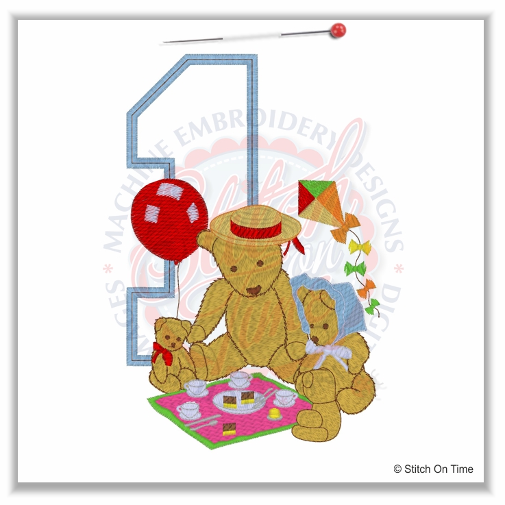 253 Birthday : 1 with Teddy Bears Picnic Applique 5x7