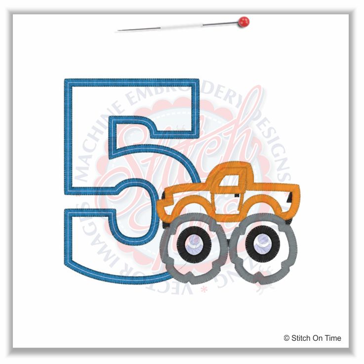 260 Birthday : 5 With Monster Truck Applique 5x7