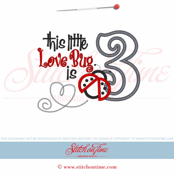 861 Birthday : Love Bug Is 3 Applique 5x7