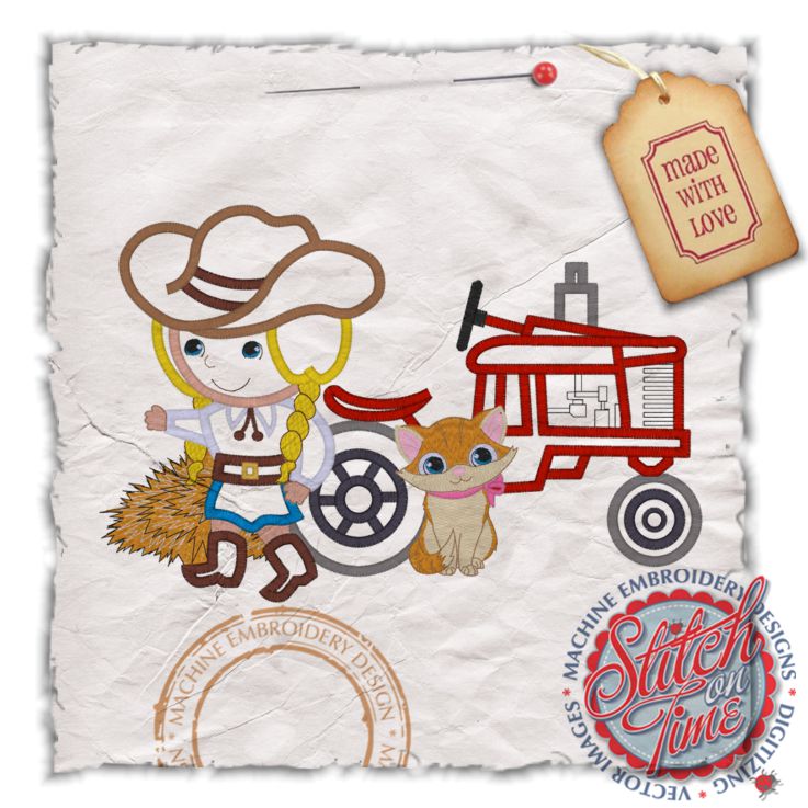 Farm Yard (10) Cowgirl With Cat & Tractor Applique 6x10