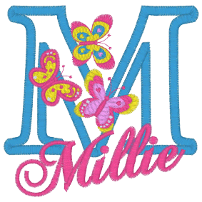 Letters (A136) M Millie with Butterflies Applique 4x4