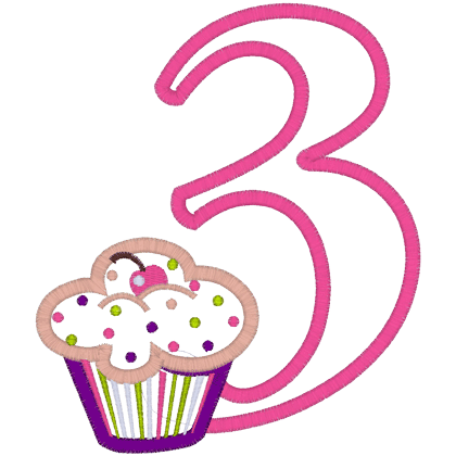 Numbers (A23) 3 with cupcake Applique 5x7