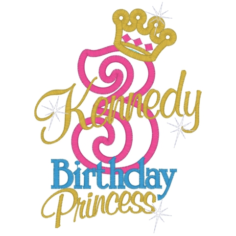 Numbers (77) 3 Birthday Princess Applique 5x7