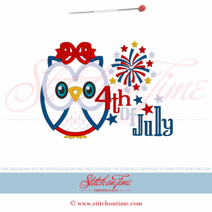 113 Patriotic : 4th Of July Owl Applique 5x7