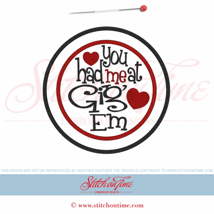 5769 Sayings : You Had Me At Gig'Em Applique 6x10