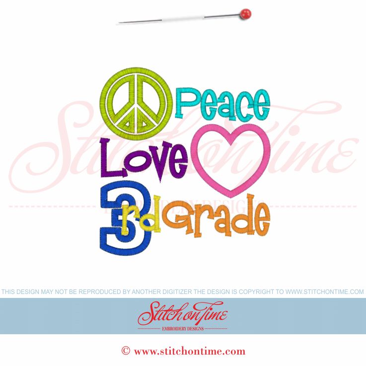 75 School : Peace Love 3rd Grade Applique 5x7
