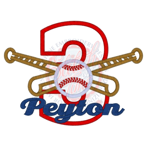 Birthday (163) 3 Peyton Baseball & Bats Applique 5x7
