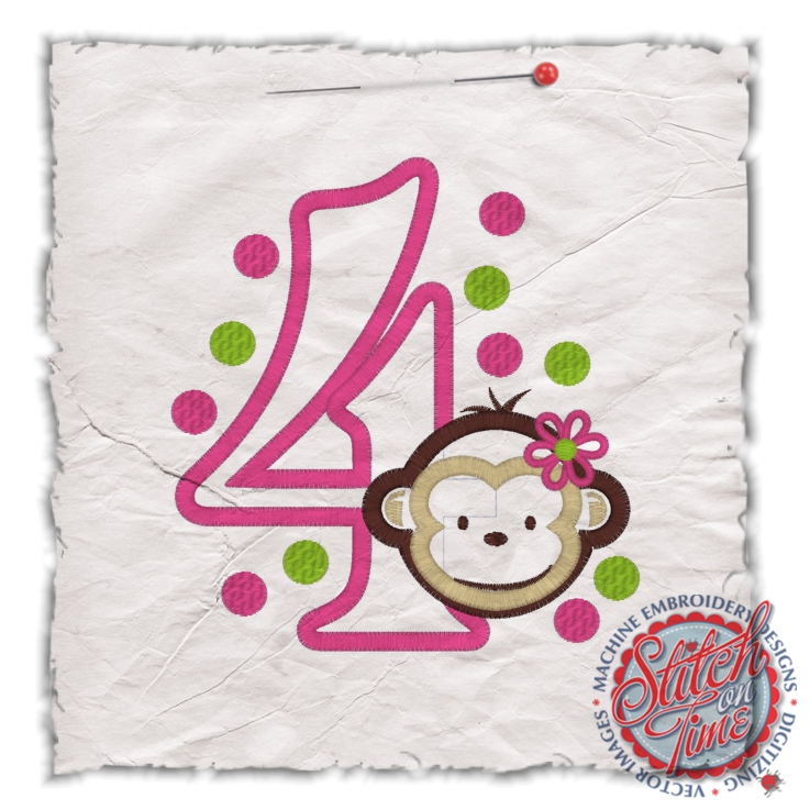 Birthday (184) Monkey with 4 Applique 5x7