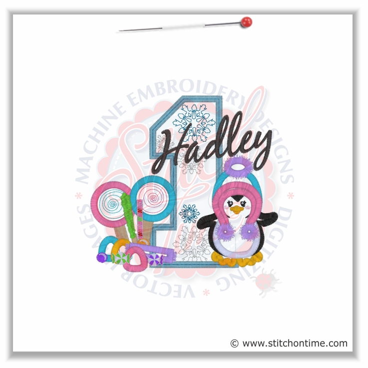 282 Birthday : 1 With Penguin And Candy Applique 5x7