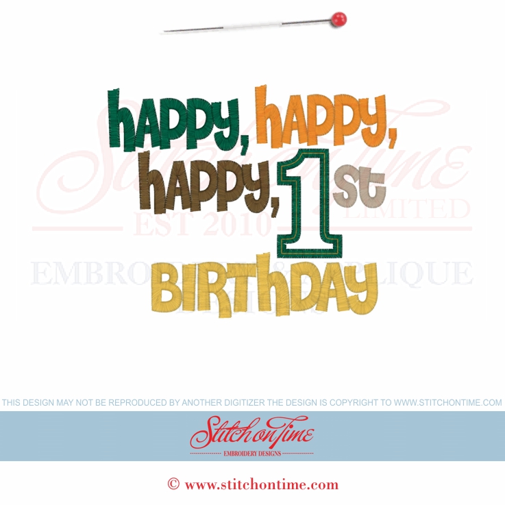 906 Birthday : Happy Happy Happy 1st Birthday Applique 5x7