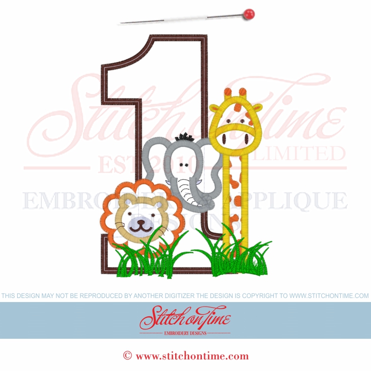 941 BIRTHDAY : 1 With Giraffe Lion and Elephant Applique 5x7