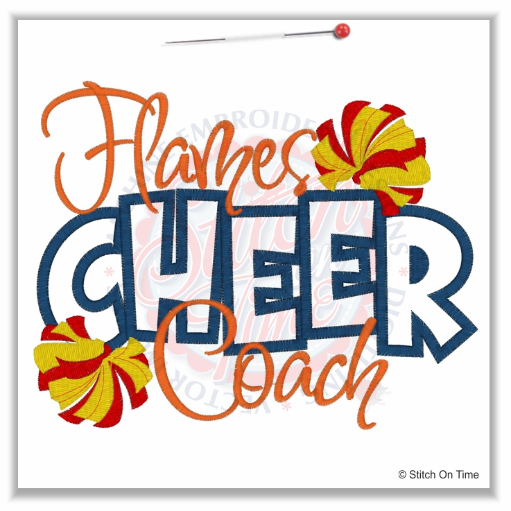 86 Cheerleader : Flames Cheer Coach Applique 6x10