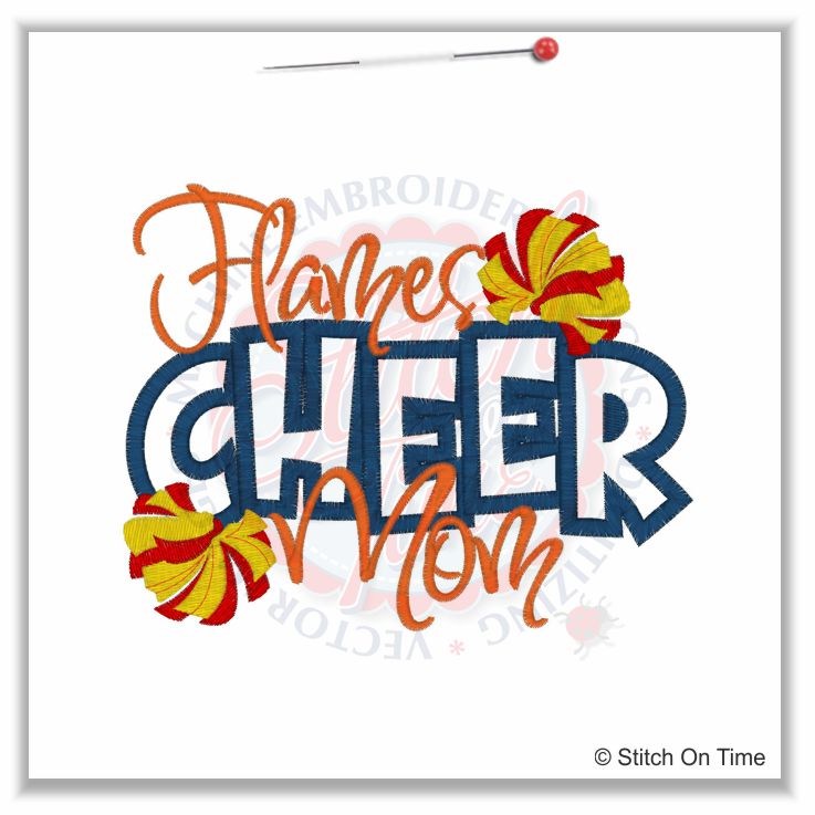 90 Cheerleader : Flames Cheer Mom Applique 5x7