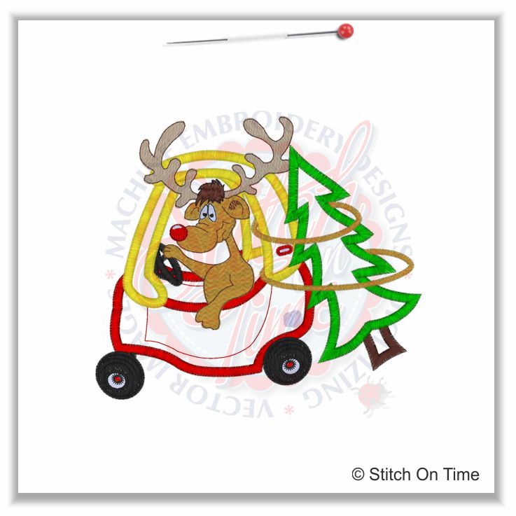366 Christmas : Reindeer In Car With Xmas Tree Applique 5x7