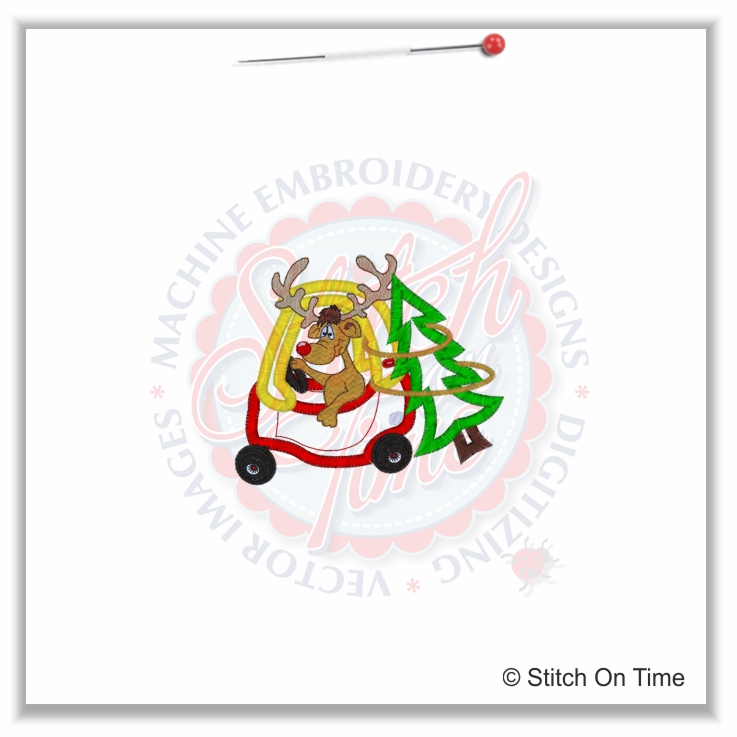372 Christmas : Reindeer In Car With Xmas Tree Applique 4x4