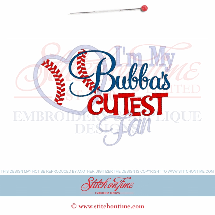 7719 Custom : I'm My Bubba's Cutest Fan Baseball Applique 5x7