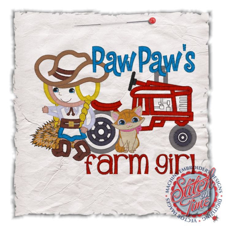 Farm Yard (16) Cowgirl With Cat & Tractor Applique 5x7