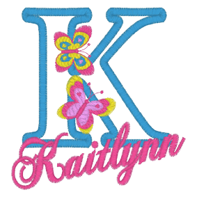 Letters (A162) K Kaitlynn with Butterflies Applique 4x4