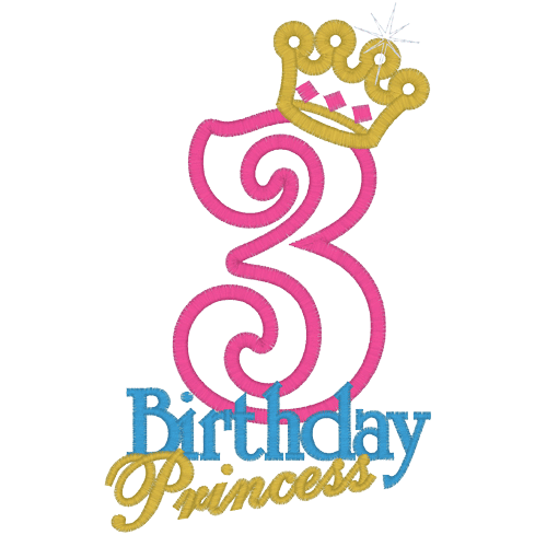 Numbers (A30) 3 Birthday Princess Applique 5x7