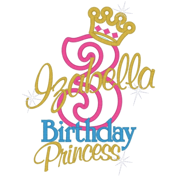 Numbers (76) 3 Birthday Princess Applique 6x10