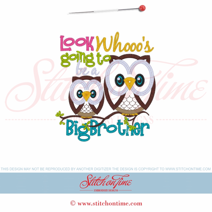 63 Owl : Look Whoos Going To Be A Big Brother Applique 5x7