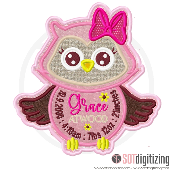 69 Owl : Freestanding Birth Stats Owl Applique MTO