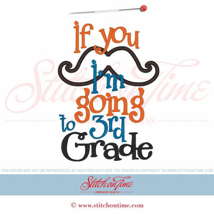 70 School : Mustache 3rd Grade Applique 5x7