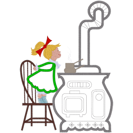 Stove (A1) Girl on Chair Cooking Applique 6x10