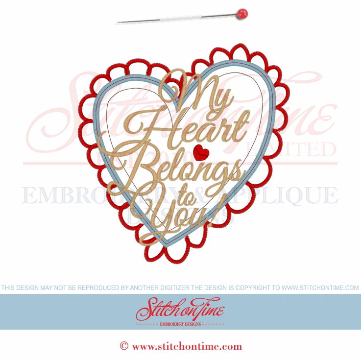 395 Valentine : My Heart Belongs... Applique 3 Hoop Sizes